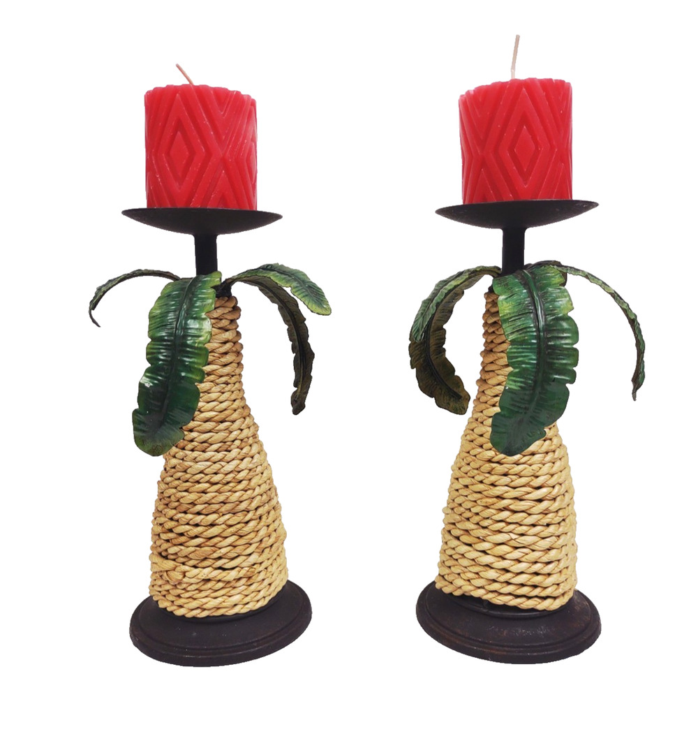Pair of 2 Metal Sisal Rope Palm Tree Tiki Aloha Candleholder Pillar Candle Stand
